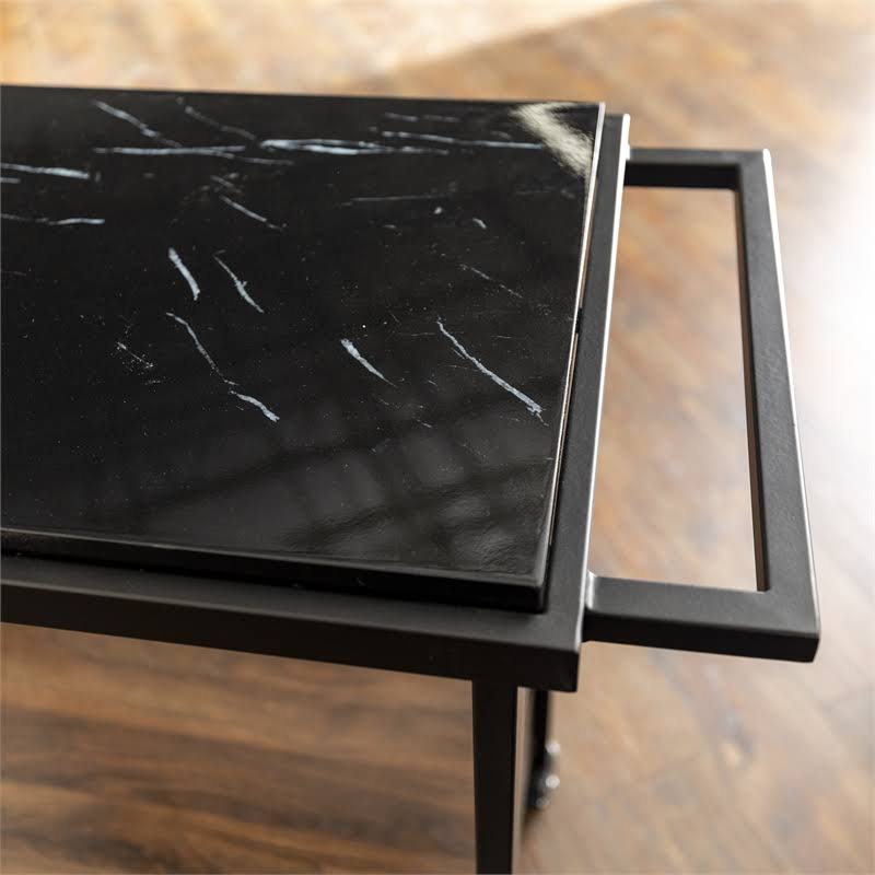 Faux Marble Serving Bar Cart in Dark Walnut and White V2631
