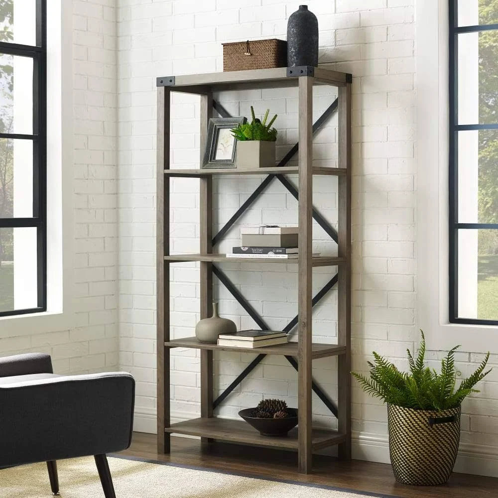 Dark Walnut Metal Bookcase W78190
