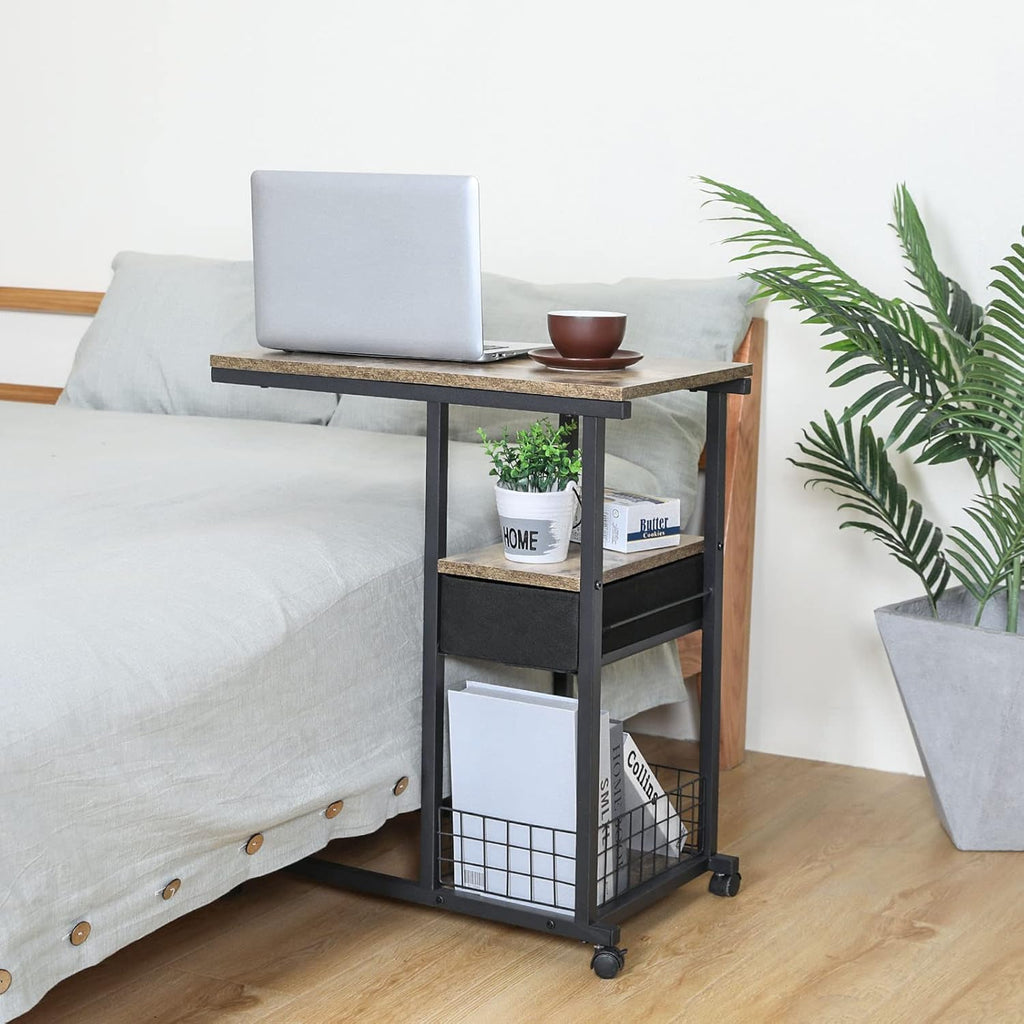 C Shaped Couch Side Table with Drawer, Rolling Bedside Desk P56741