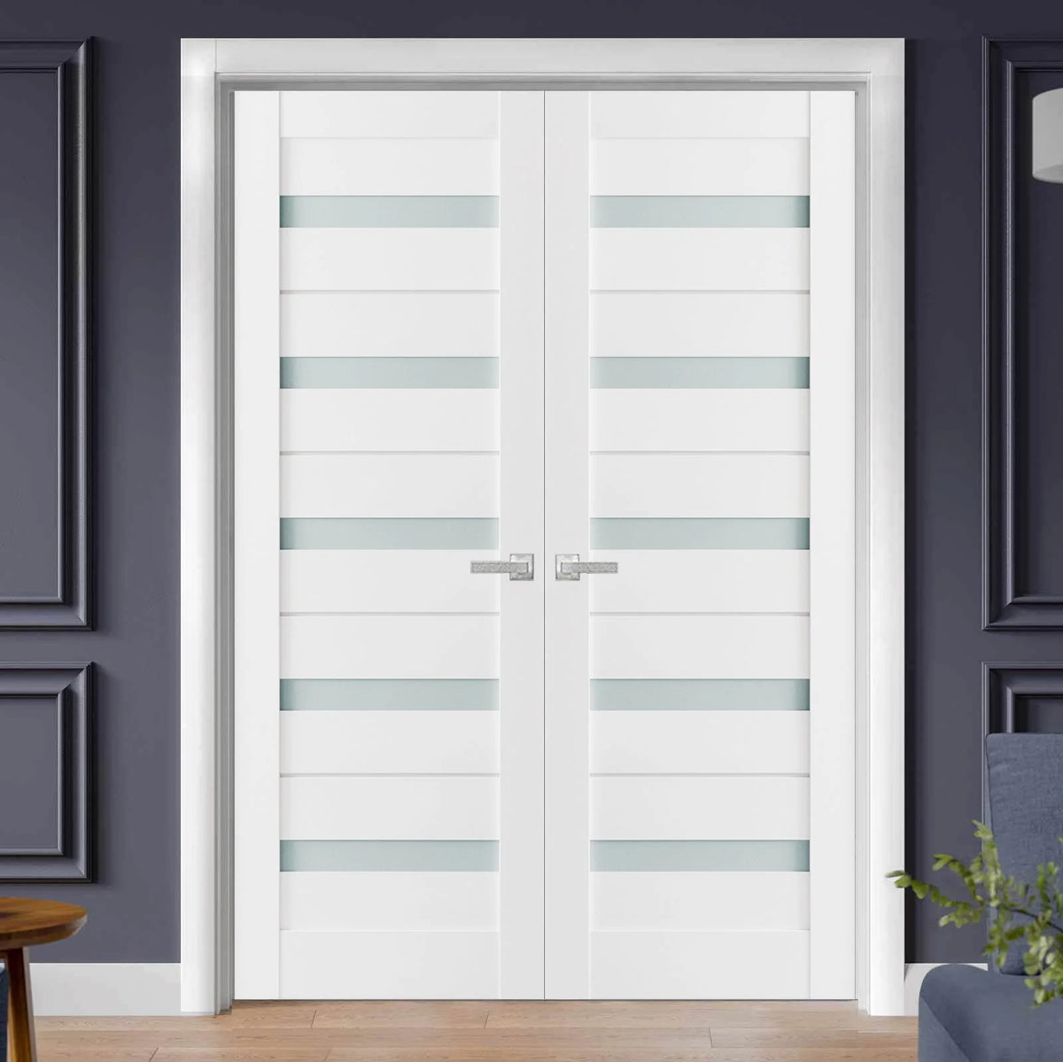 Solid French Double Doors 36 x 80 inches Frosted Glass Wood W147