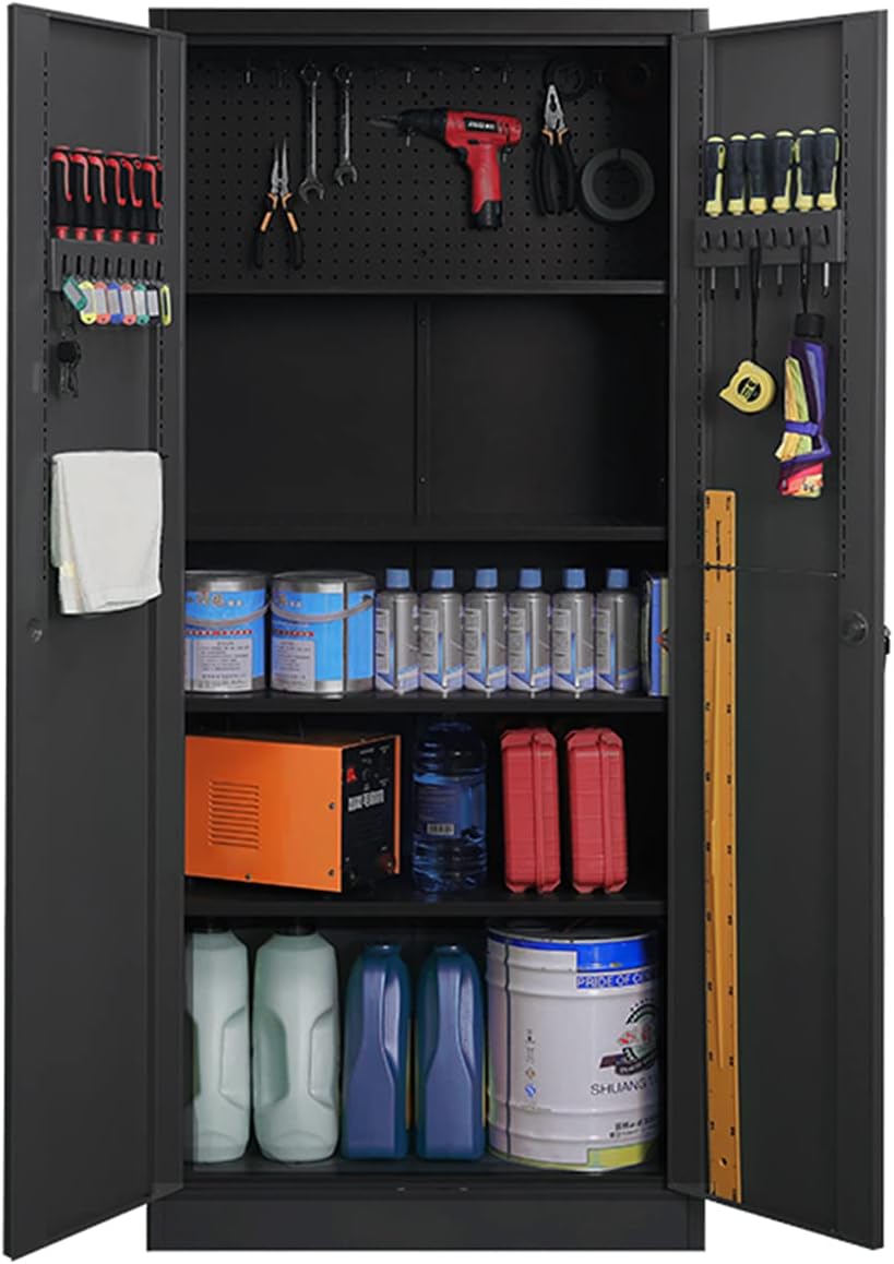Metal Storage Cabinet with Lock Doors and Adjustable Shelves, Steel Garage Storage Cabinet with Pegboard, 70.86 H x 31.5 W x 15.75 D P625291