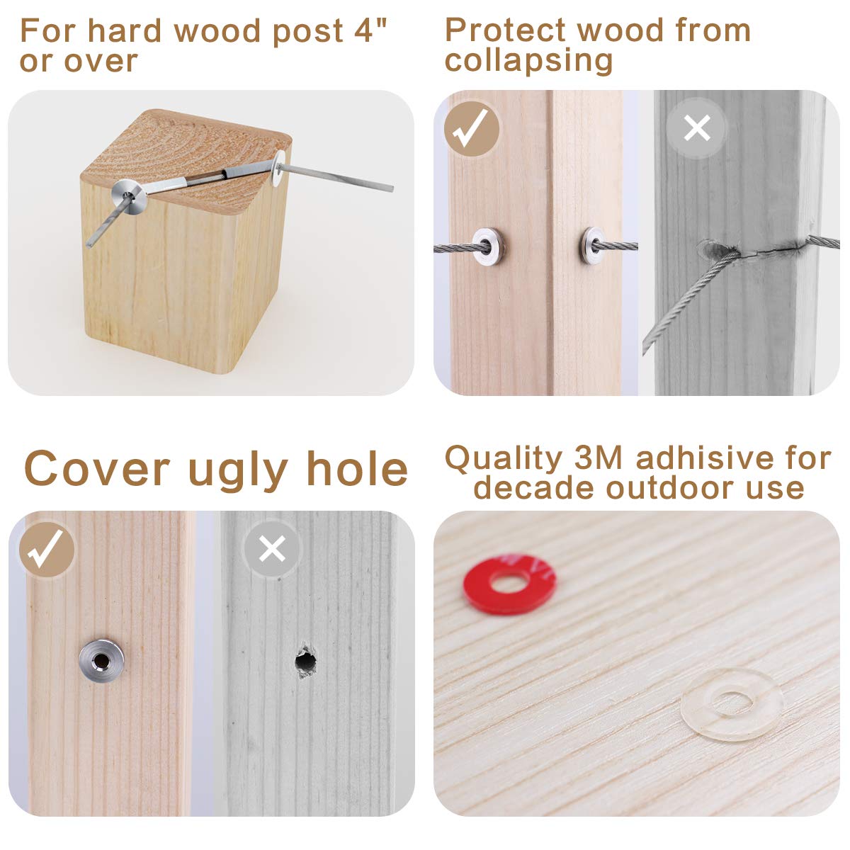 50Pack Cable Railing Kit Angled Protective Grommet for 90 Degree Corner 45 Degree L Shape Protector Sleeve for 1/8 Wire Rope Wood Posts T316 Stainless Steel I505906