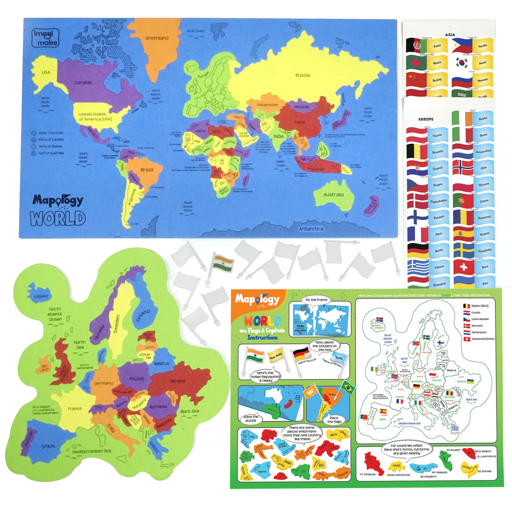 US & World Map Puzzle with Capitals and Flags E51656