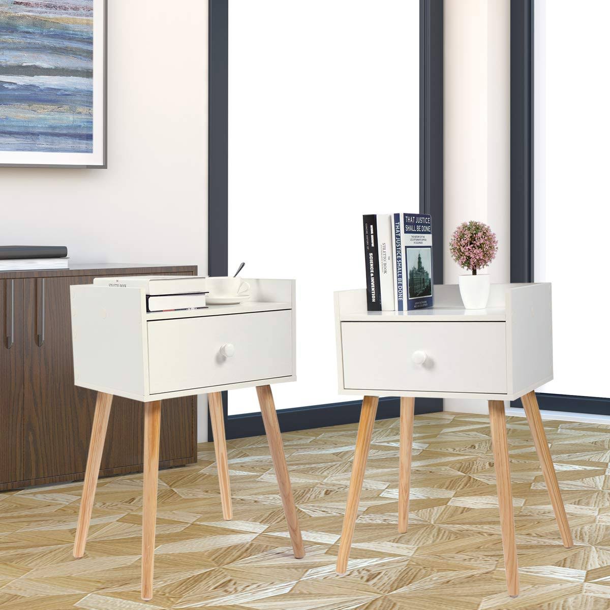 Set of 2 White Bedside Table with Drawer J754