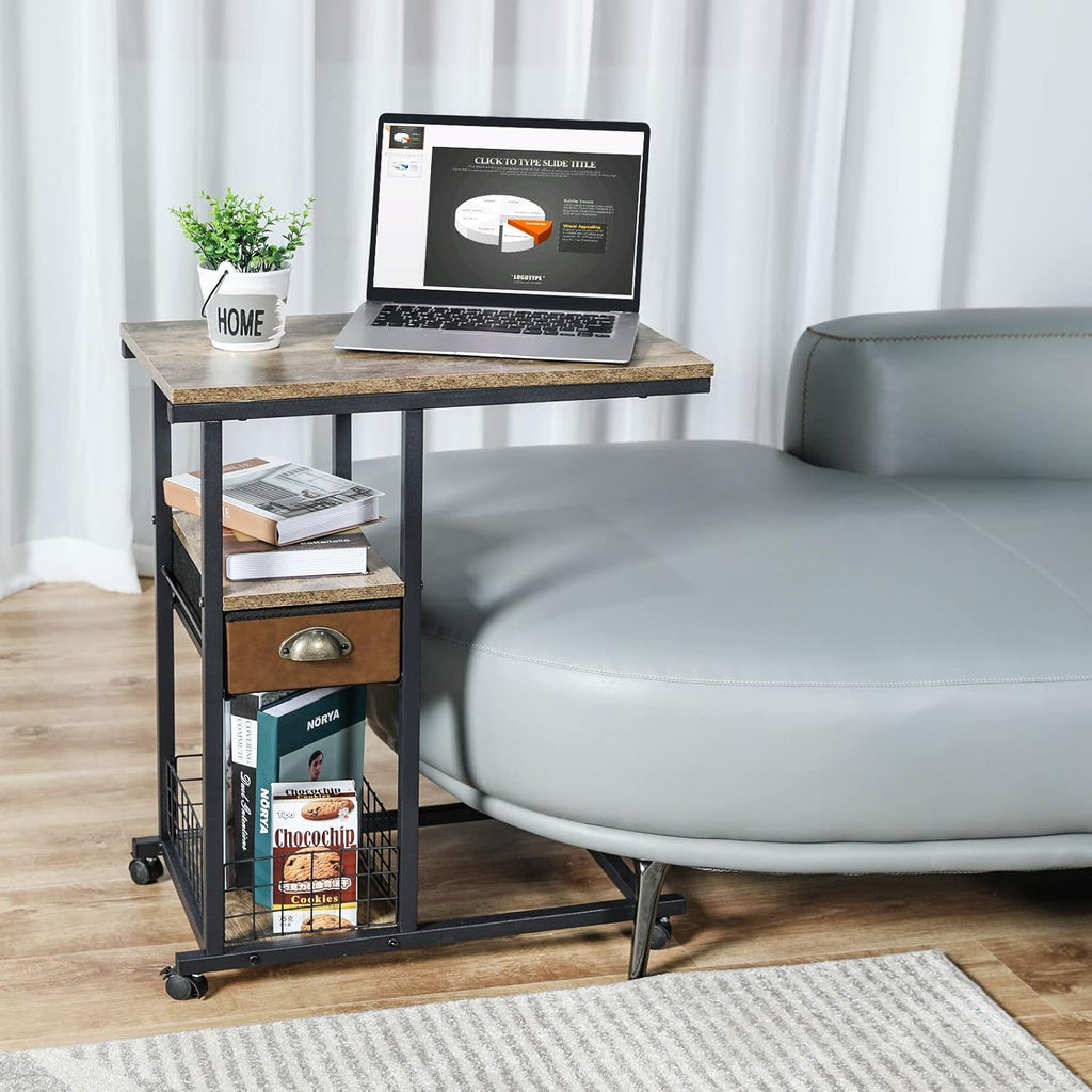 C Shaped Couch Side Table with Drawer, Rolling Bedside Desk P56741