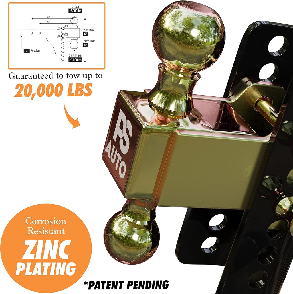 Adjustable Trailer Hitch Ball Mount, 2-inch Receiver, 6-inch Drop, 20,000 LBS Y875903