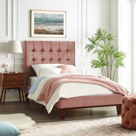 Blush Velvet Button Tufted Twin Bed I577