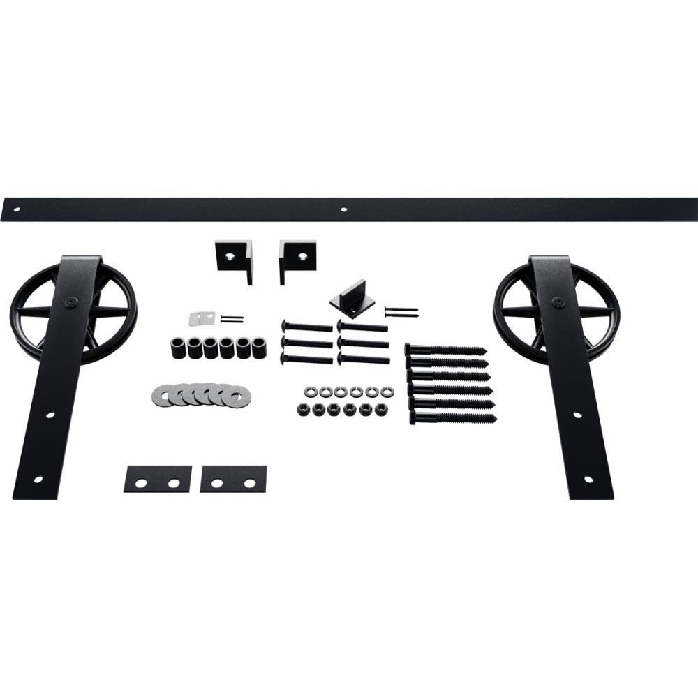 Wagon Wheel Strap Barn Door Hardware Set with 5 ft Track for 2 1/4x22 Doors, Dark Gray P82272