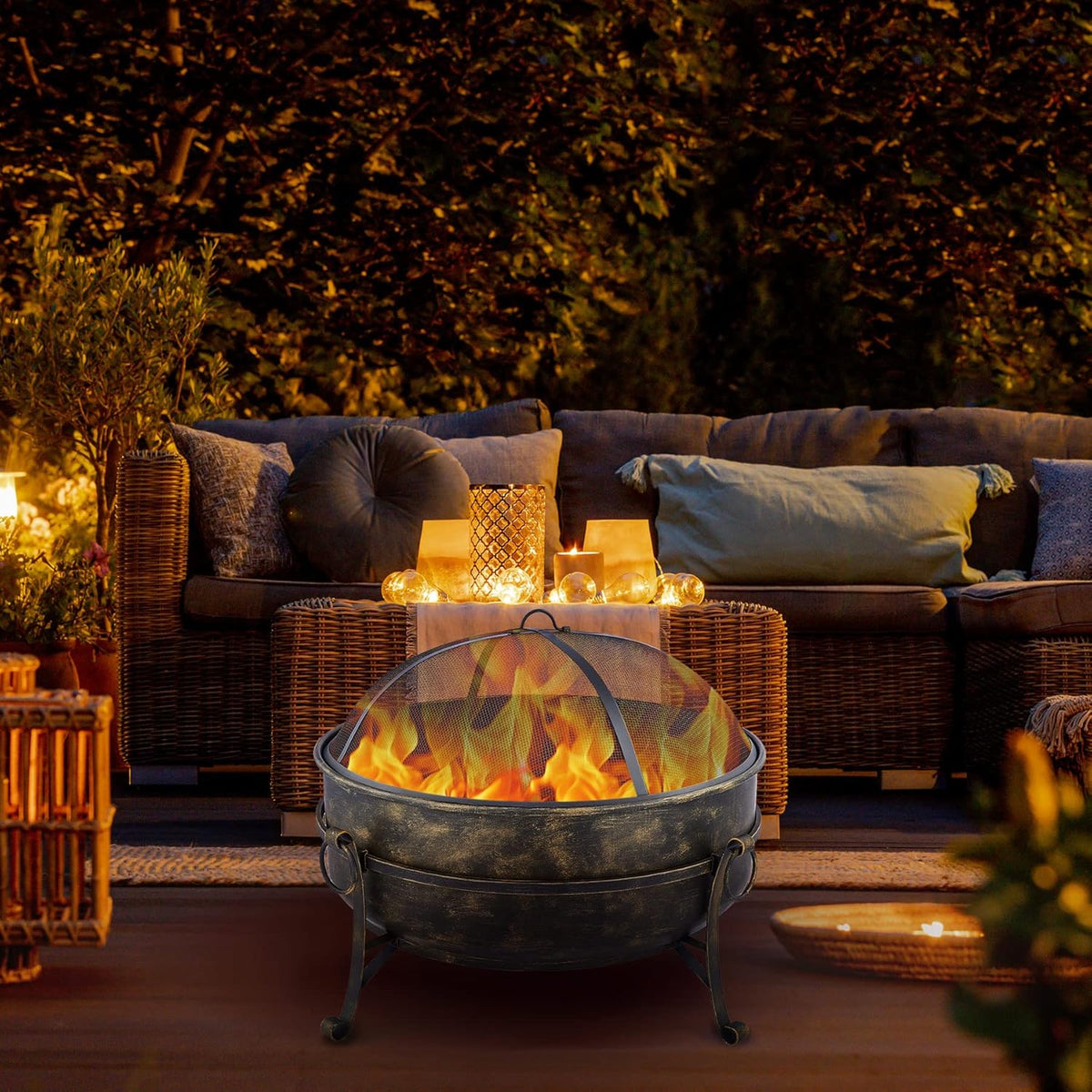 31-Inch Round Wood Burning Fire Pit with Metal Grate, Screen, Poker E707437