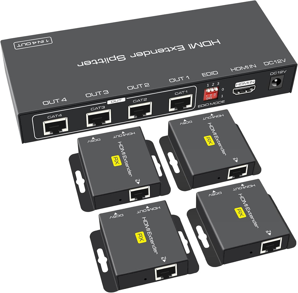 HDMI Extender Splitter 1 in 4 Out Over Cat5e/6/7 Repeater Balun Sender Receiver Support 1080p EDID Presets POC V16285