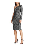 Black Embroidered Floral Asymmetrical Neckline Knee Length Evening Sheath Dress R94331