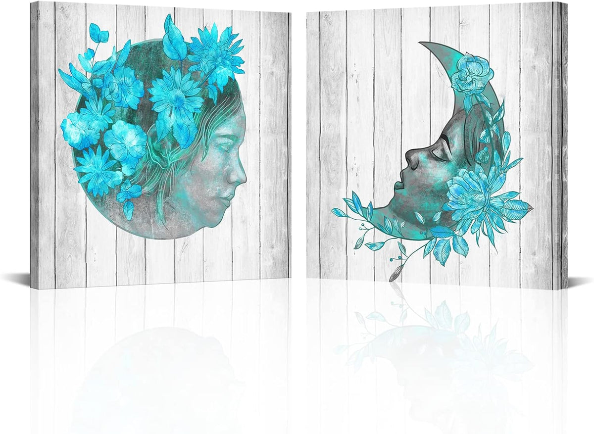 2 Pieces Teal Blue Floral Canvas Print Framed Wall Art F626