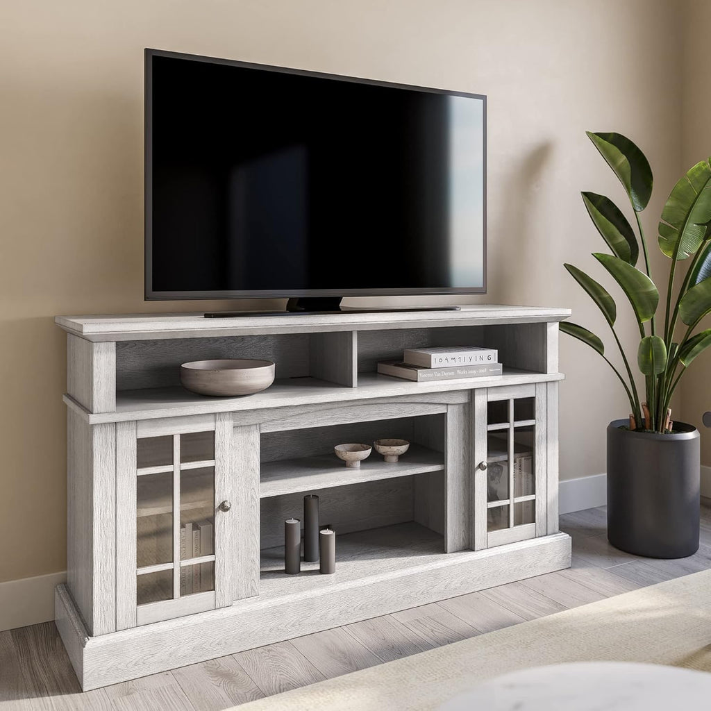Rustic Wood TV Stand with Open Storage Shelves and Cabinets P38896