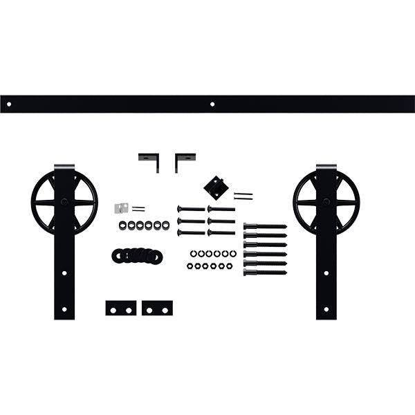 Wagon Wheel Strap Barn Door Hardware Set with 5 ft Track for 2 1/4x22 Doors, Dark Gray P82272