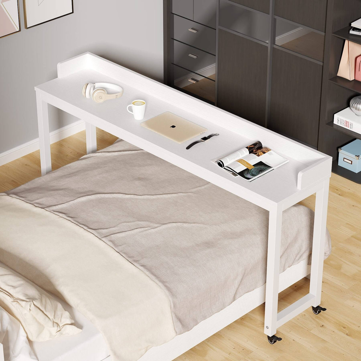 White Queen Size Overbed Table with Wheels S619