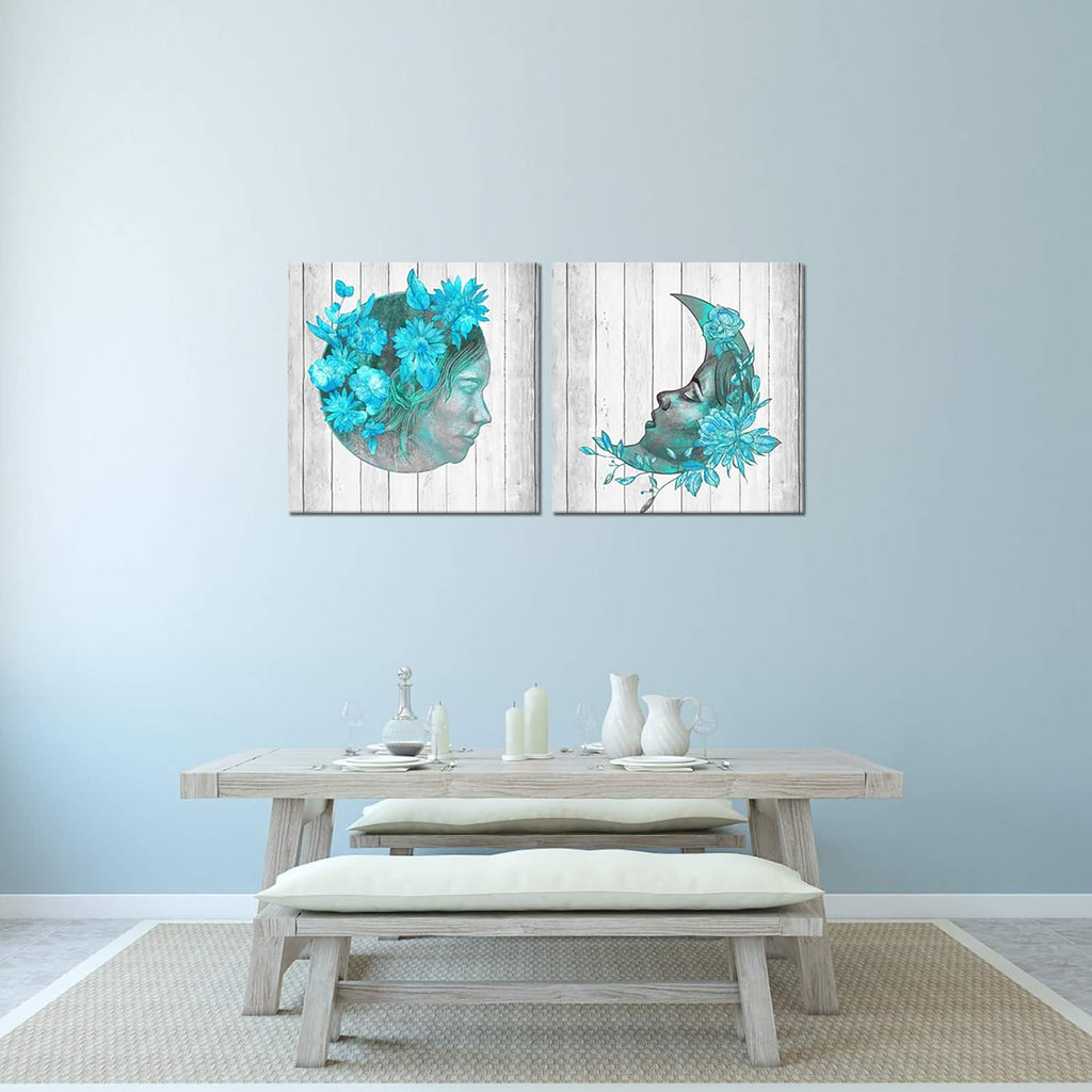 2 Pieces Teal Blue Floral Canvas Print Framed Wall Art F626