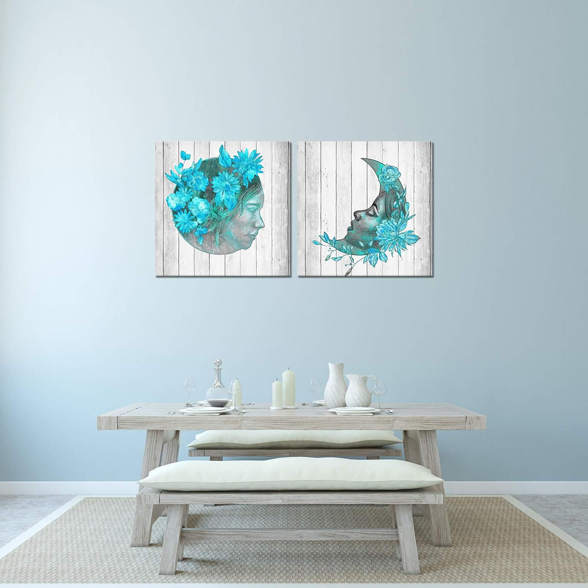 2 Pieces Teal Blue Floral Canvas Print Framed Wall Art F626