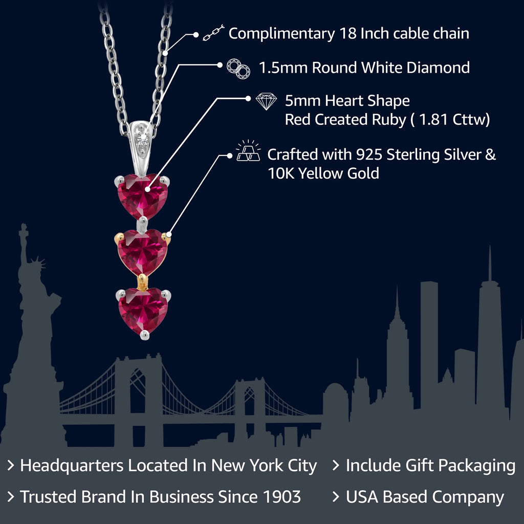 925 Sterling Silver 10K Yellow Gold Red Created Ruby White Lab Grown Diamond 3 Stone Heart Shape Pendant Necklace with 18 inch Silver Chain L65619