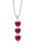 925 Sterling Silver 10K Yellow Gold Red Created Ruby White Lab Grown Diamond 3 Stone Heart Shape Pendant Necklace with 18 inch Silver Chain L65619
