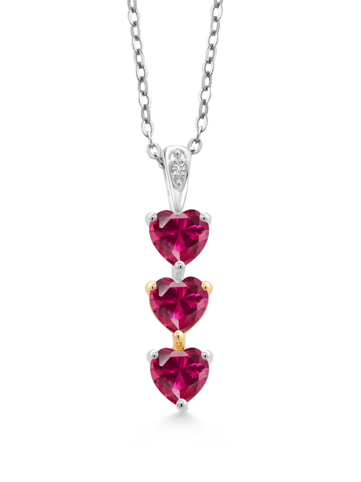 925 Sterling Silver 10K Yellow Gold Red Created Ruby White Lab Grown Diamond 3 Stone Heart Shape Pendant Necklace with 18 inch Silver Chain L65619