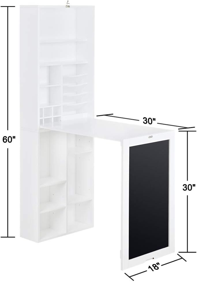 White Collapsible Wall Desk Cabinet with Chalkboard and Bottom Shelf Y5447