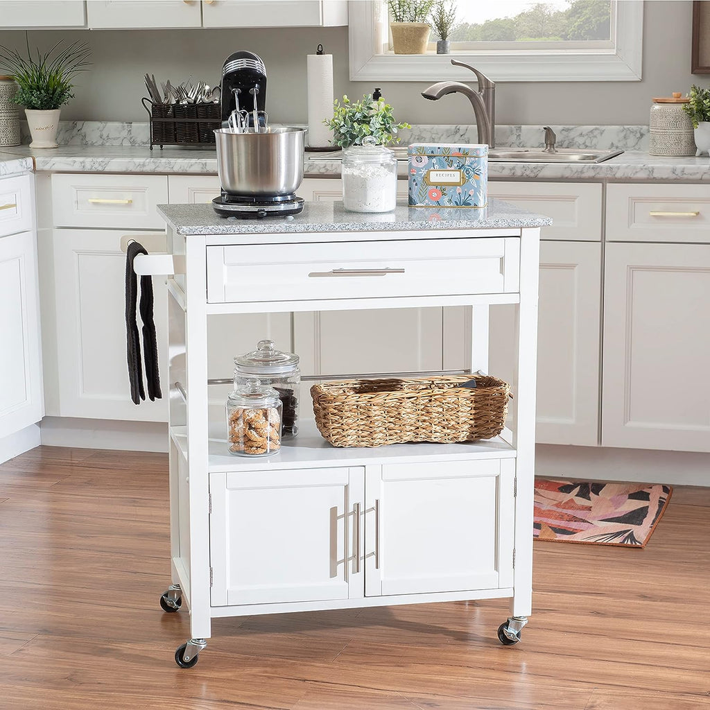 White Granite Topped Kitchen Cart with Lockable Casters and Hidden Storage Spaces L332