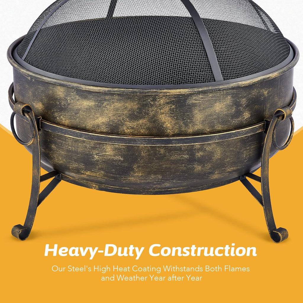 31-Inch Round Wood Burning Fire Pit with Metal Grate, Screen, Poker E707437