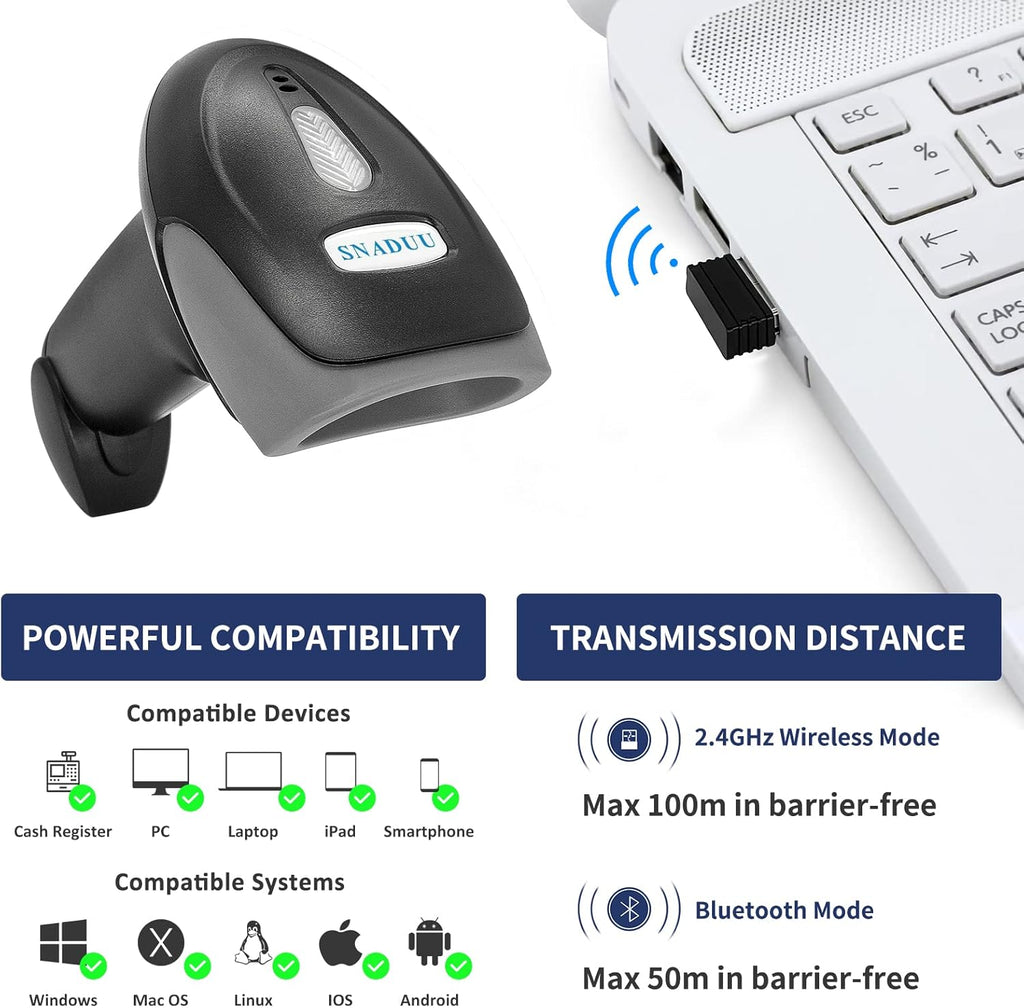 Bluetooth Barcode Scanner 2D QR Code, Handheld Barcode Reader Automatic Scan 1D PDF417 Datamatrix J9236