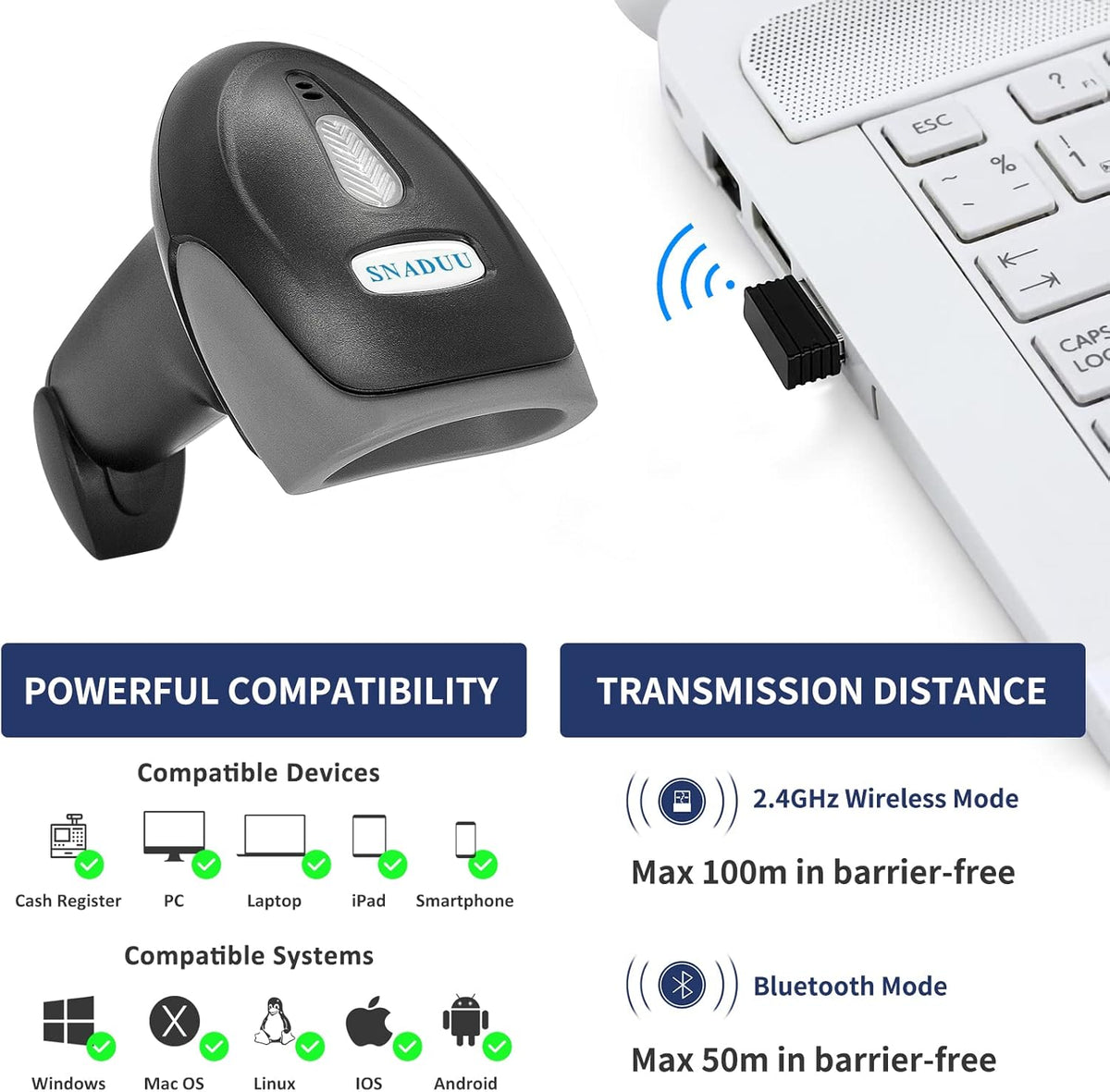 Bluetooth Barcode Scanner 2D QR Code, Handheld Barcode Reader Automatic Scan 1D PDF417 Datamatrix J9236