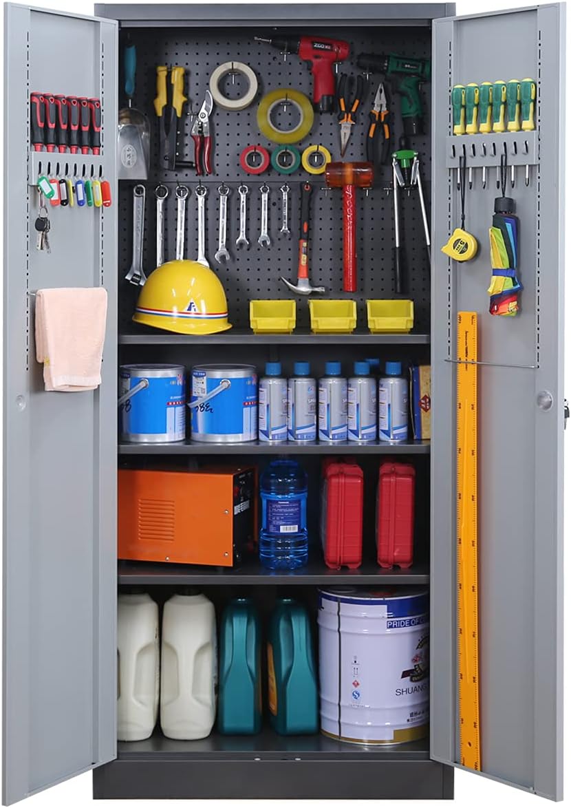 Metal Storage Cabinet with Lock Doors and Adjustable Shelves, Steel Garage Storage Cabinet with Pegboard, 70.86 H x 31.5 W x 15.75 D P625291
