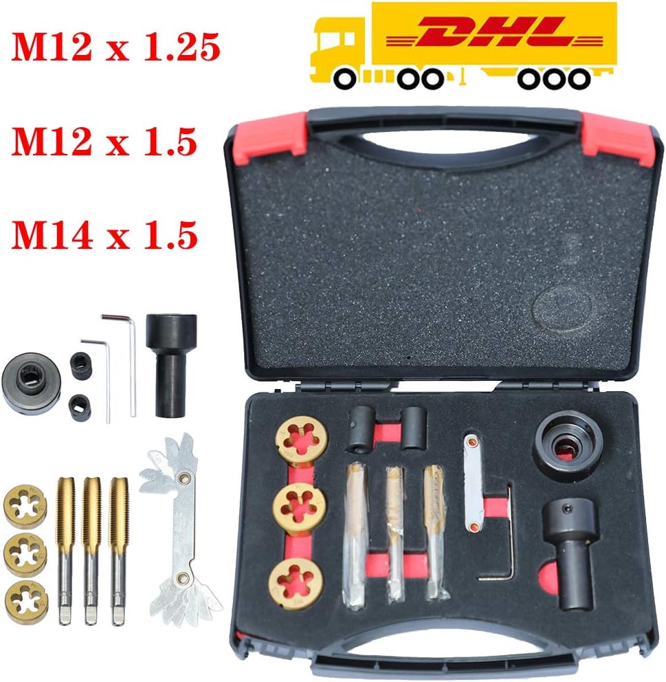 12 Pcs Tap and Die Set, Thread Repair Tool Kit M12x 1.25 M12 x 1.5 M14x1.5 V131070