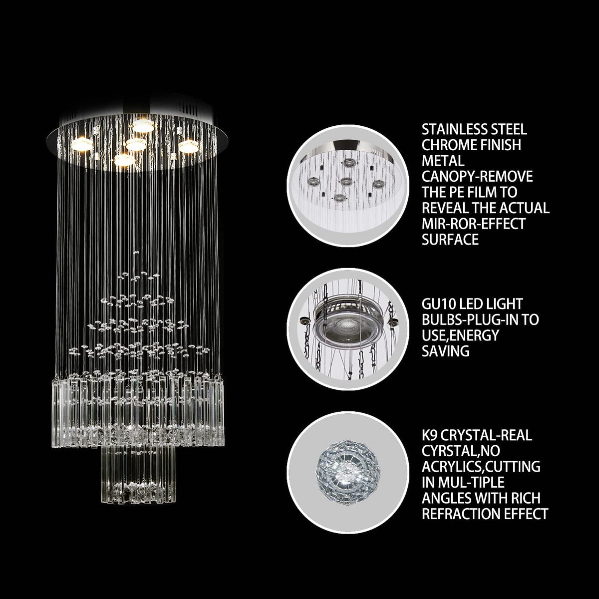 Crystal Raindrop 5-Lights Flush Mount Chandelier D666