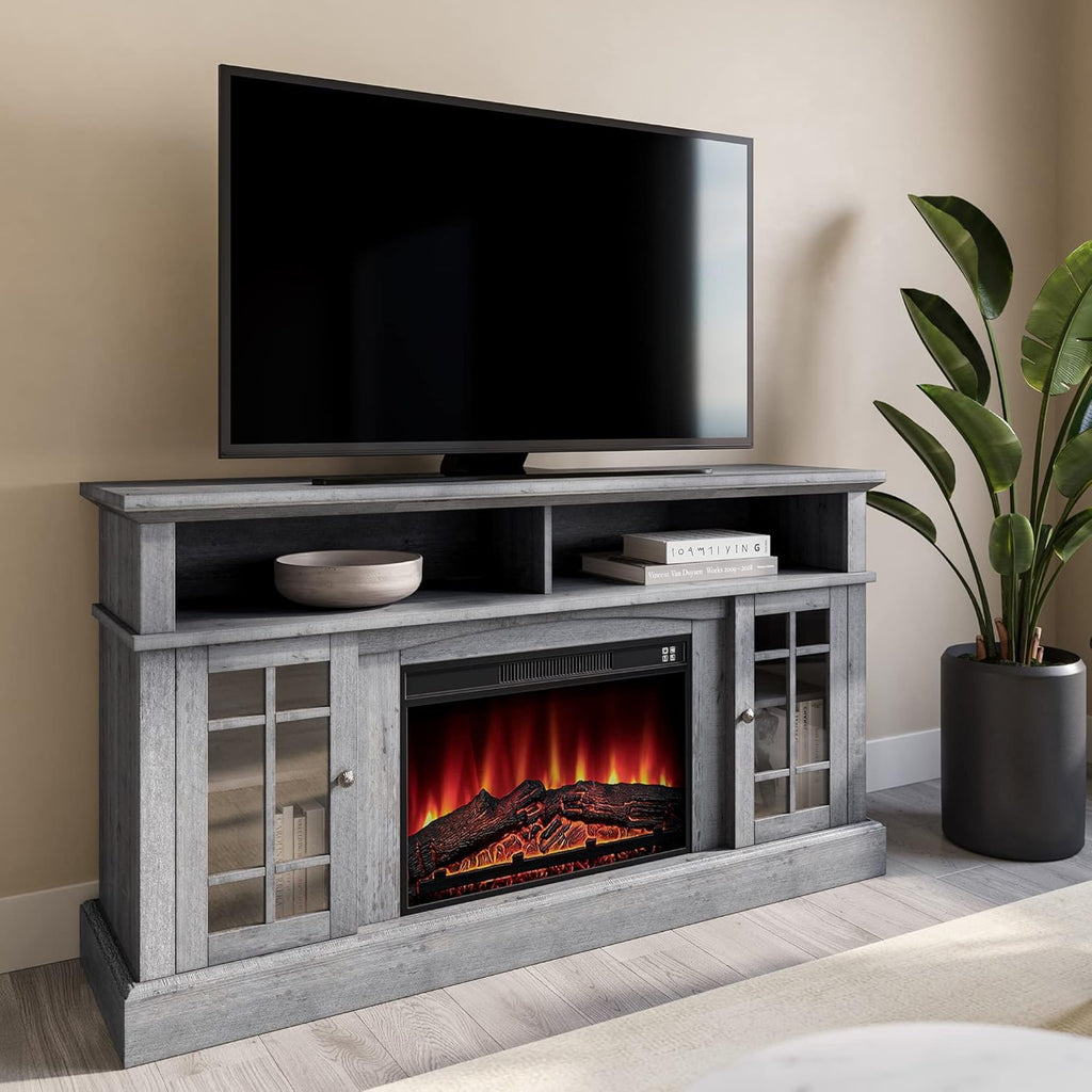 Rustic Wood TV Stand with Open Storage Shelves and Cabinets P38896