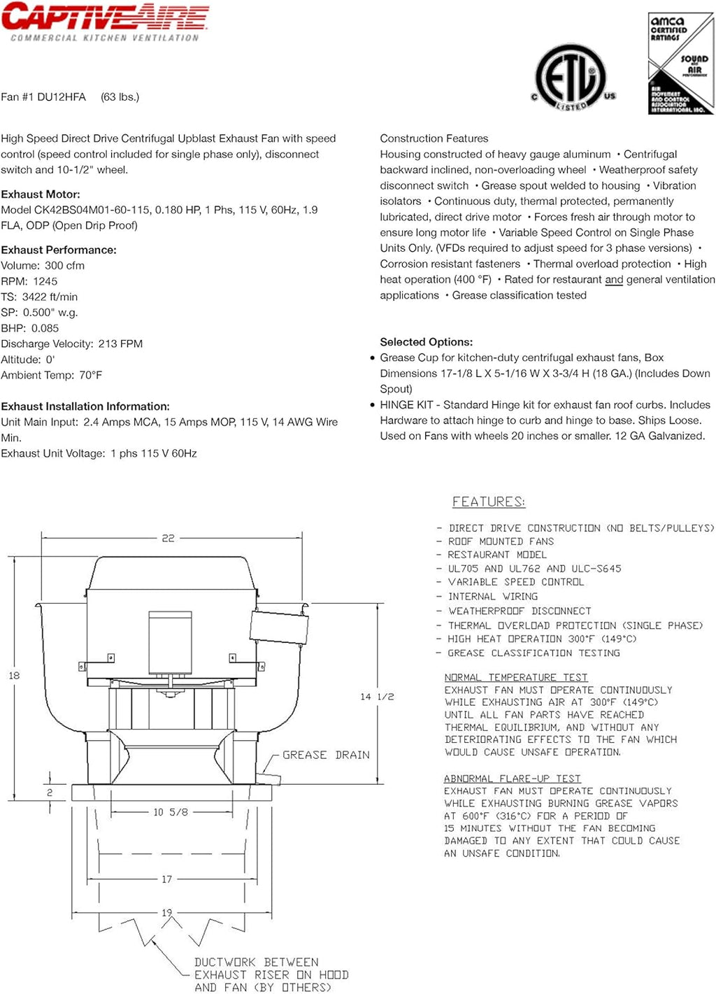 19 Fan Base Centrifugal Upblast Exhaust Fan with Speed Control L159085