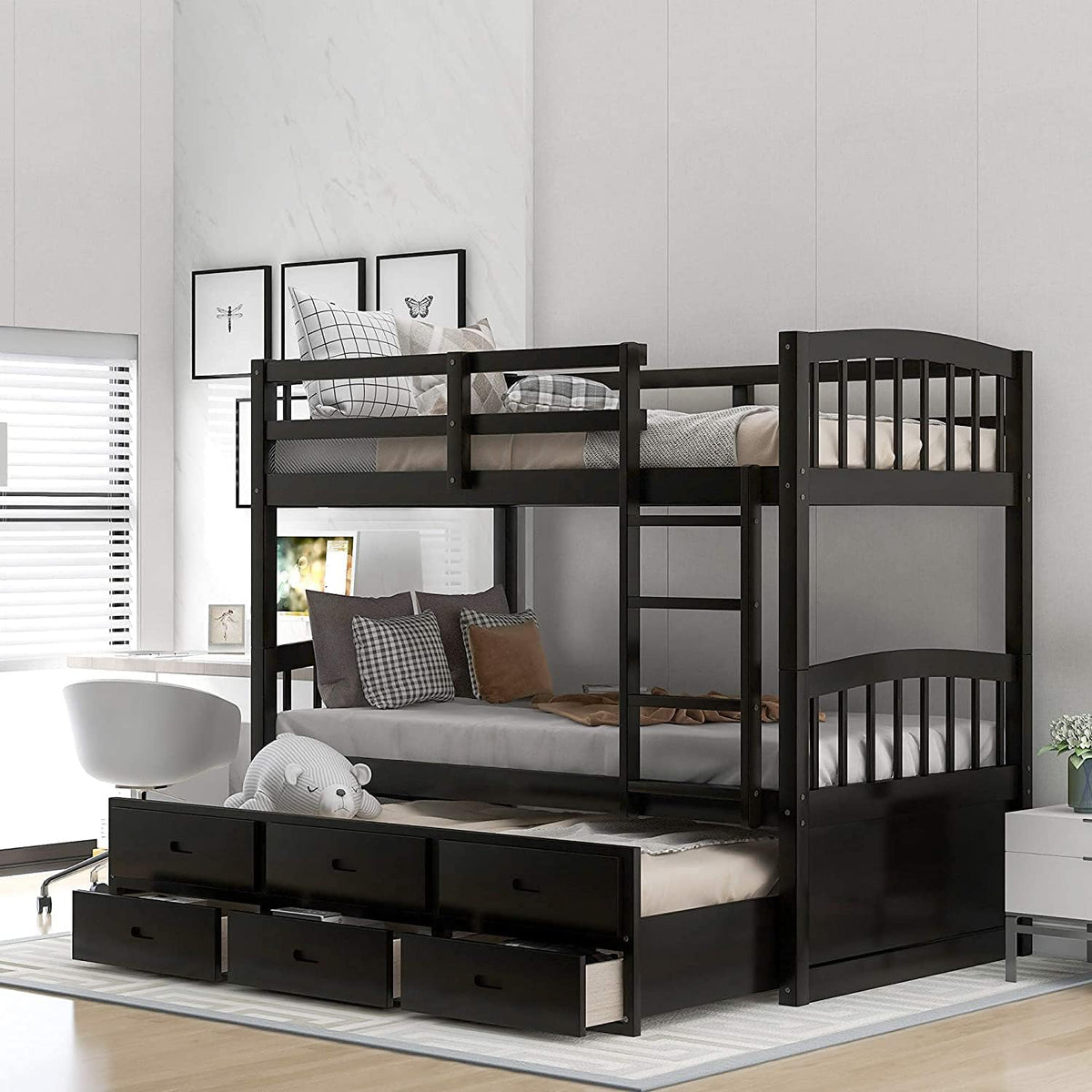 Twin Over Full Bunk Bed with Safety Guardrails & Ladder, Gray B8132