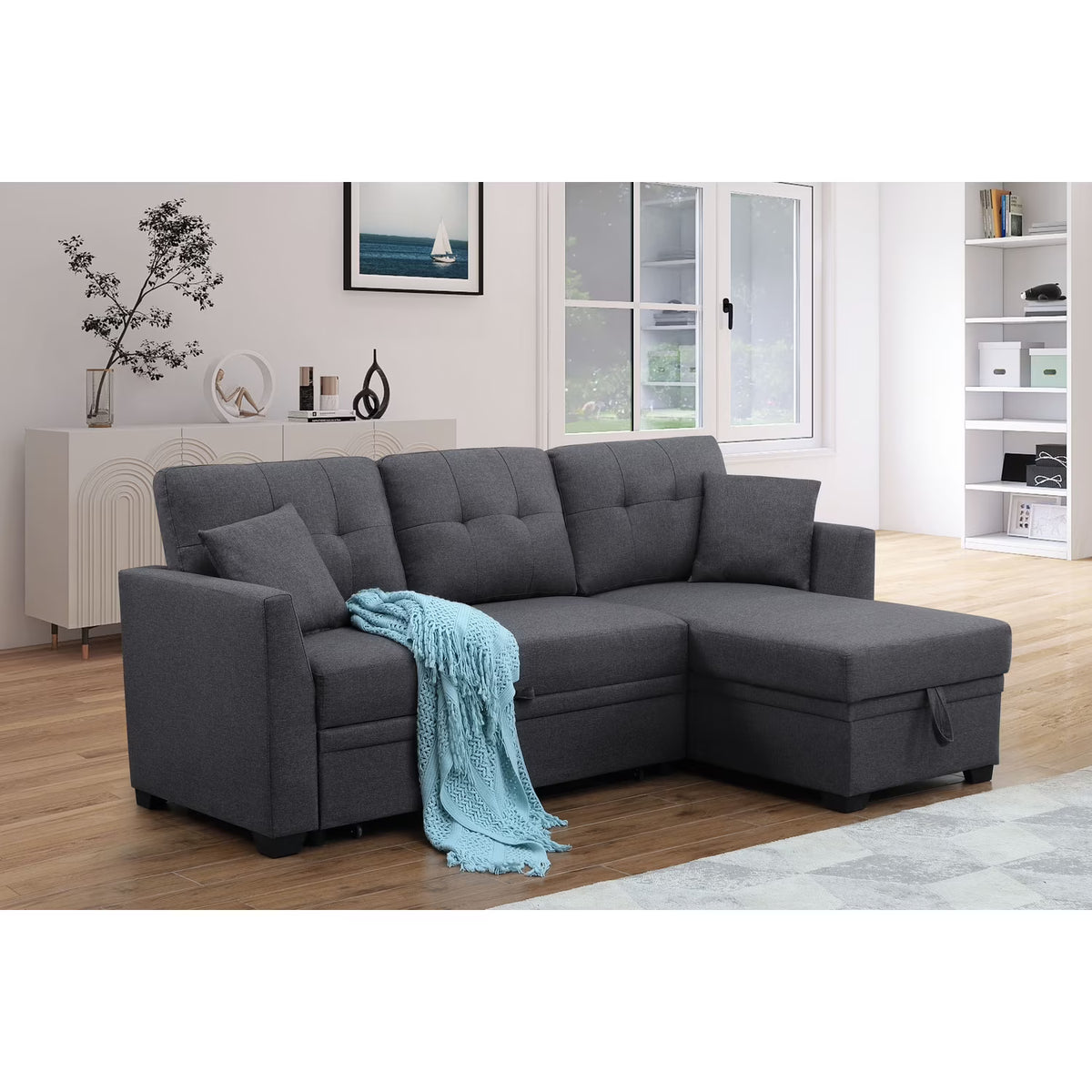 Dark Gray Sleeper Sofa with Chaise Storage I64102