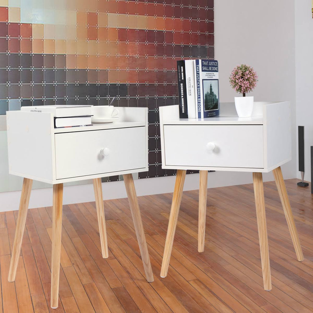 Set of 2 White Bedside Table with Drawer J754