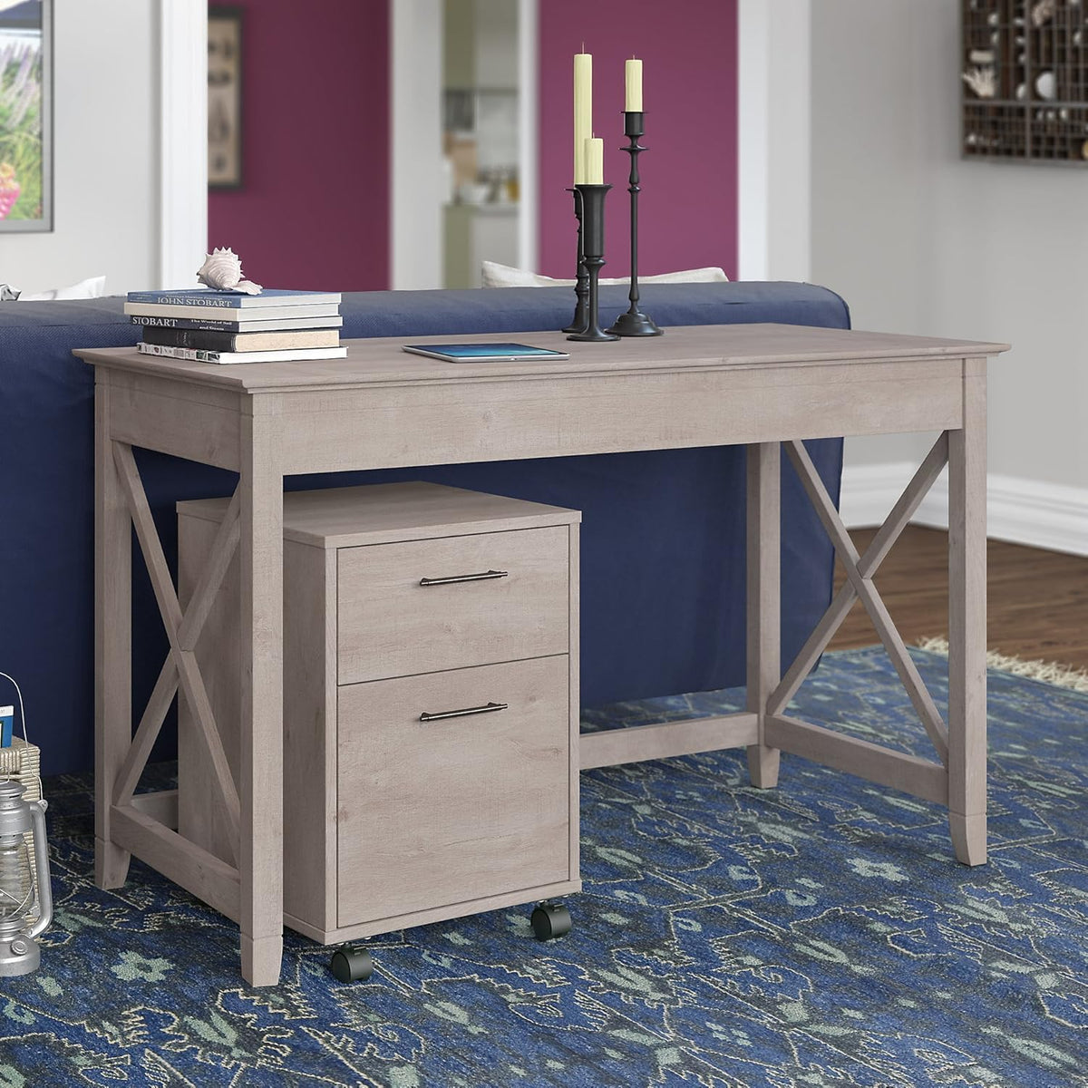 Washed Gray Writing Desk with 2 Drawer Mobile File Cabinet X6084