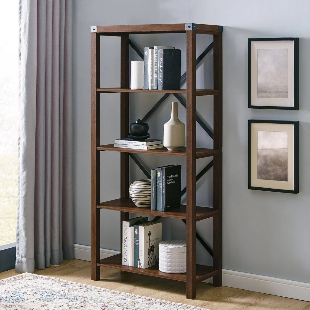 Dark Walnut Metal Bookcase W78190