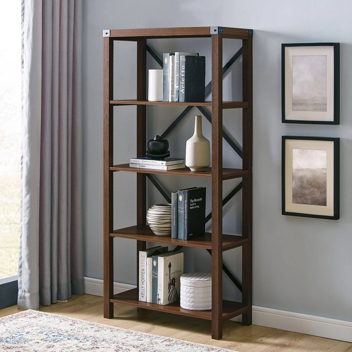 Dark Walnut Metal Bookcase W78190