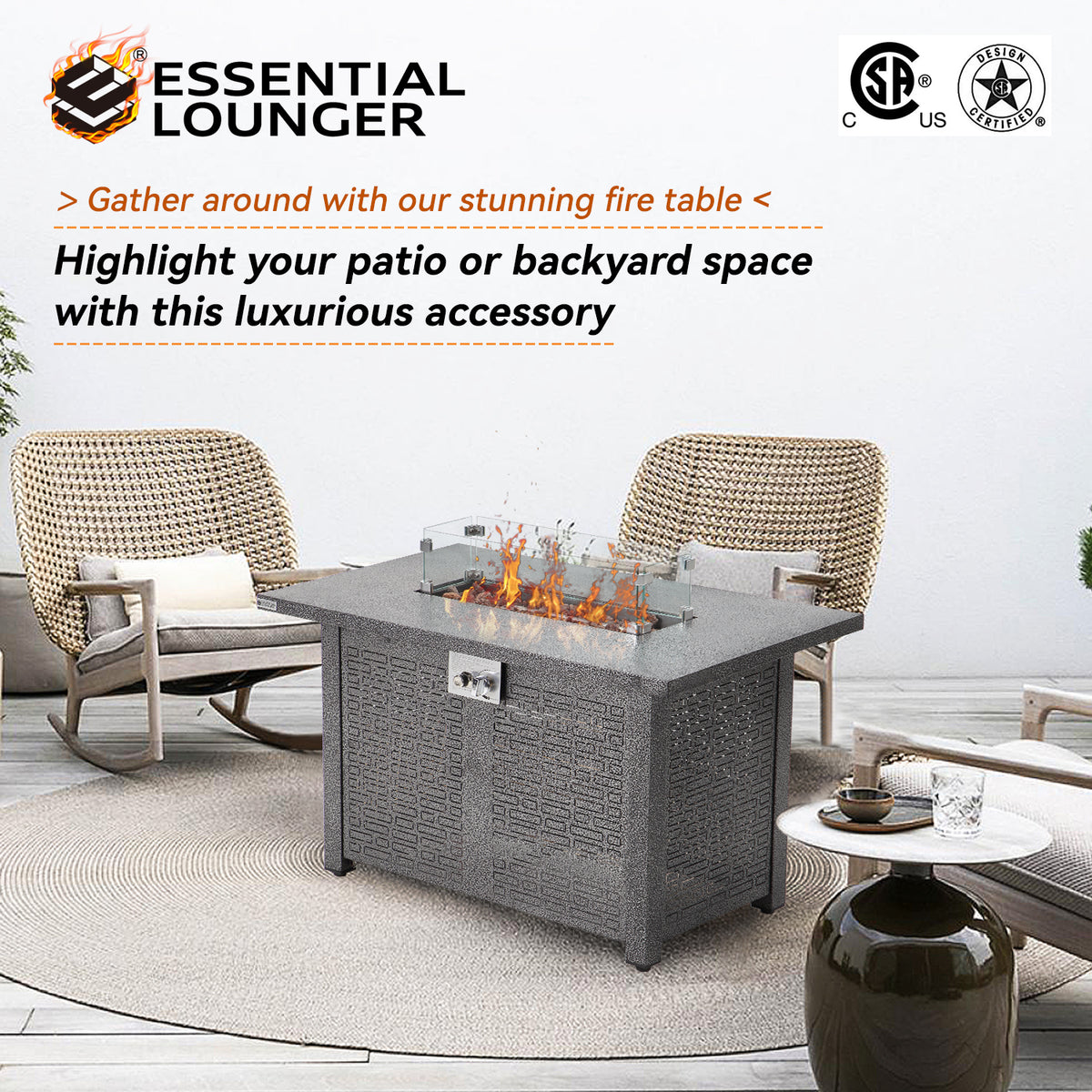 42 inch 50,000 BTU Rectangle Propane Gas Fire Pit Table with Lid, Glass Wind Guard, Waterproof Cover, Lava Rocks - Steel J27370