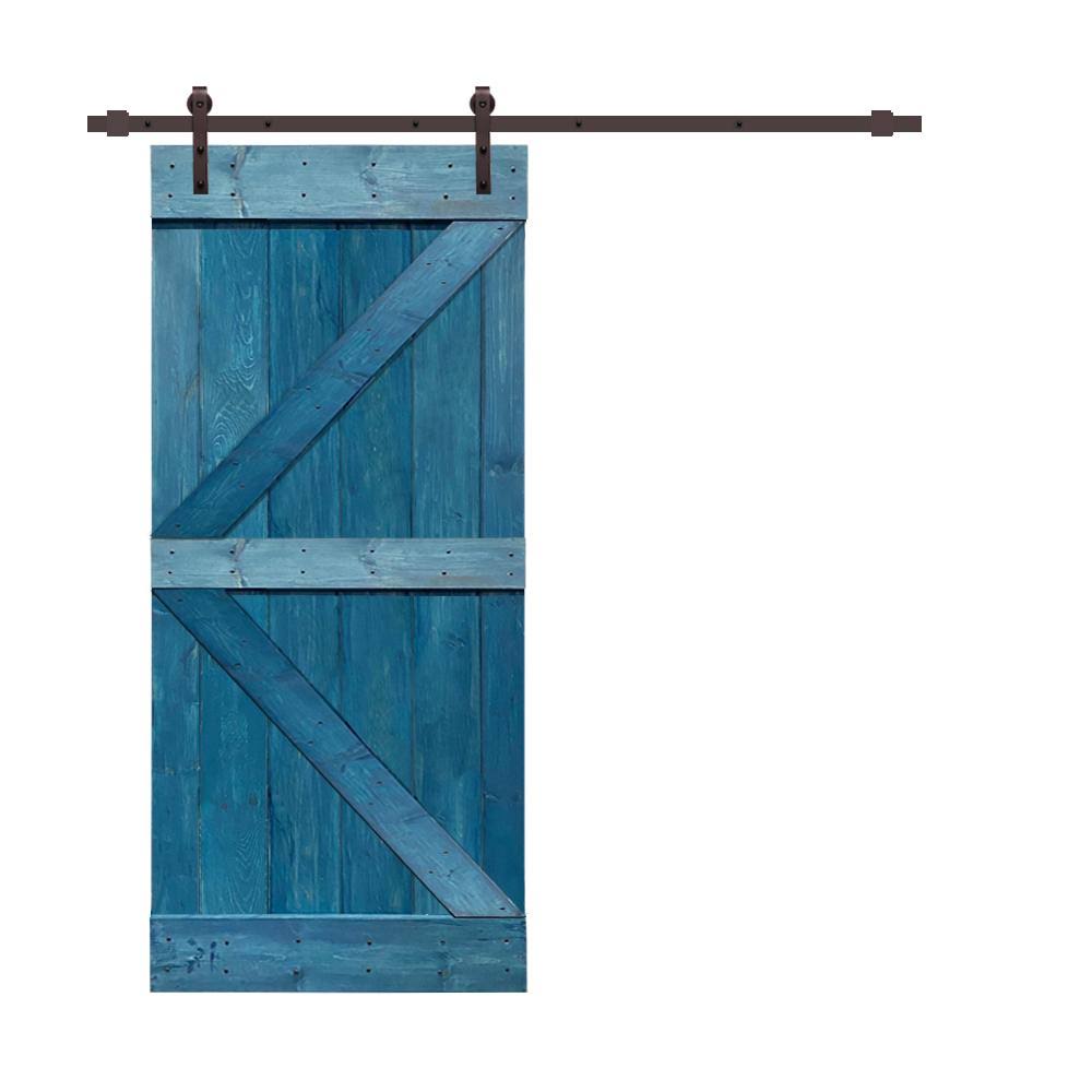 Ocean Blue Stained Wood Interior Sliding Barn Door with Hardware Kit G7987