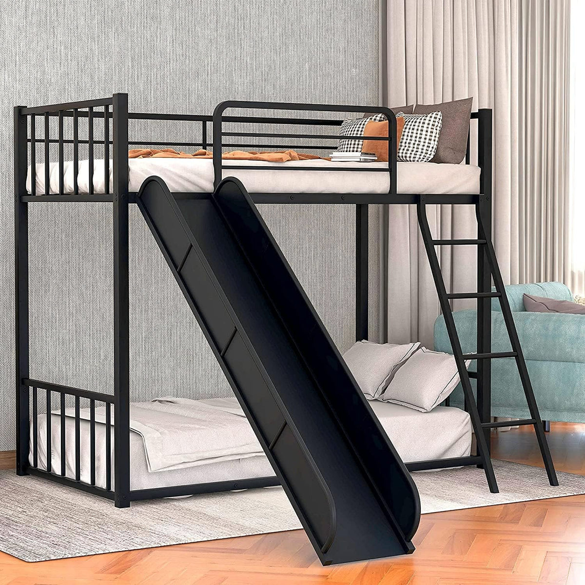 Twin Over Full Bunk Bed with Safety Guardrails & Ladder, Gray B8132